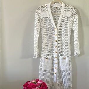 White Crochet Long Cardigan with Gold Buttons size XS
